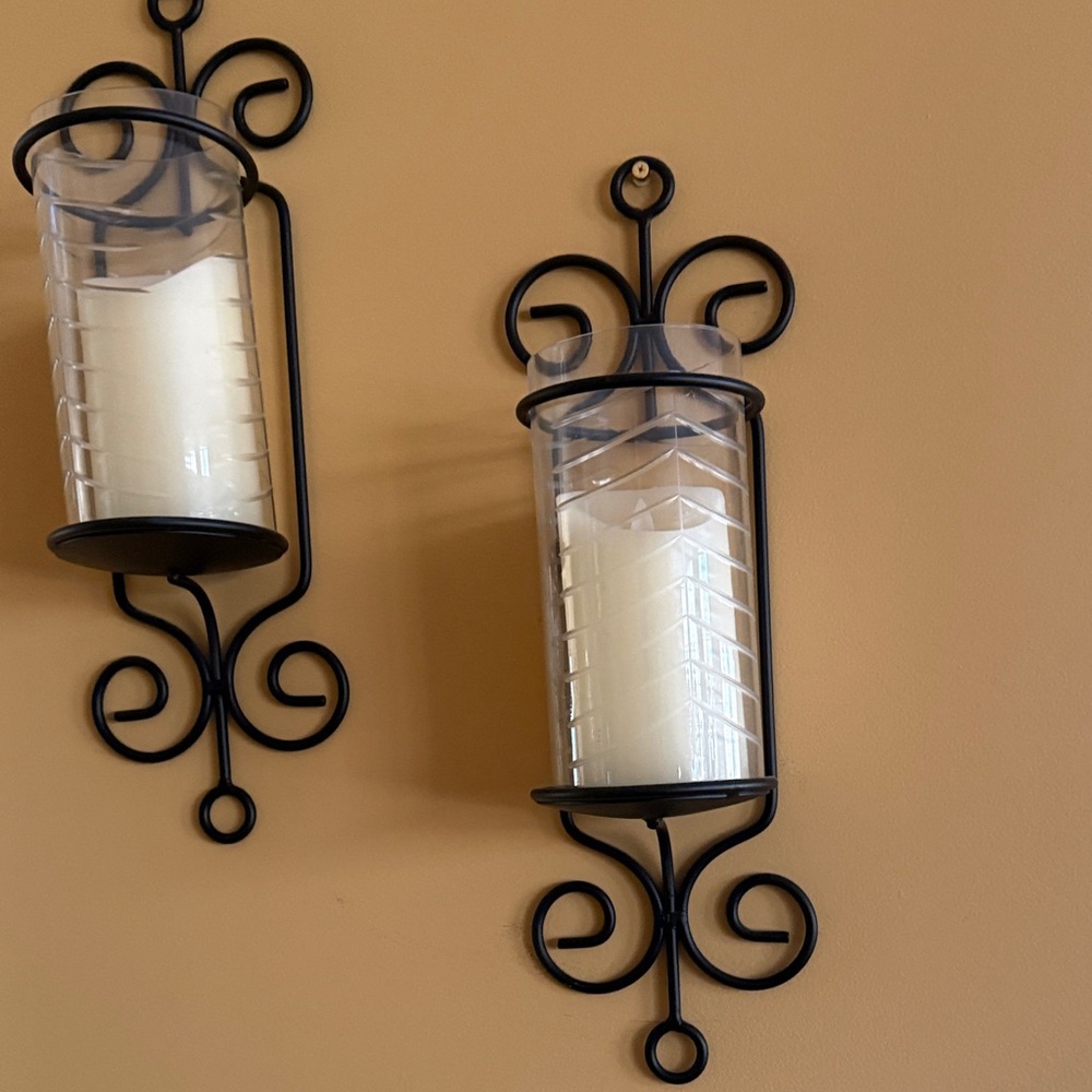 Set of black road iron wall sconces, candles not included